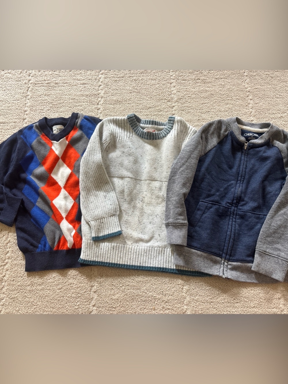 Kids Navy and Gray Zip Hoodie, Cream Sweater & Navy Argyle Pullover - Set